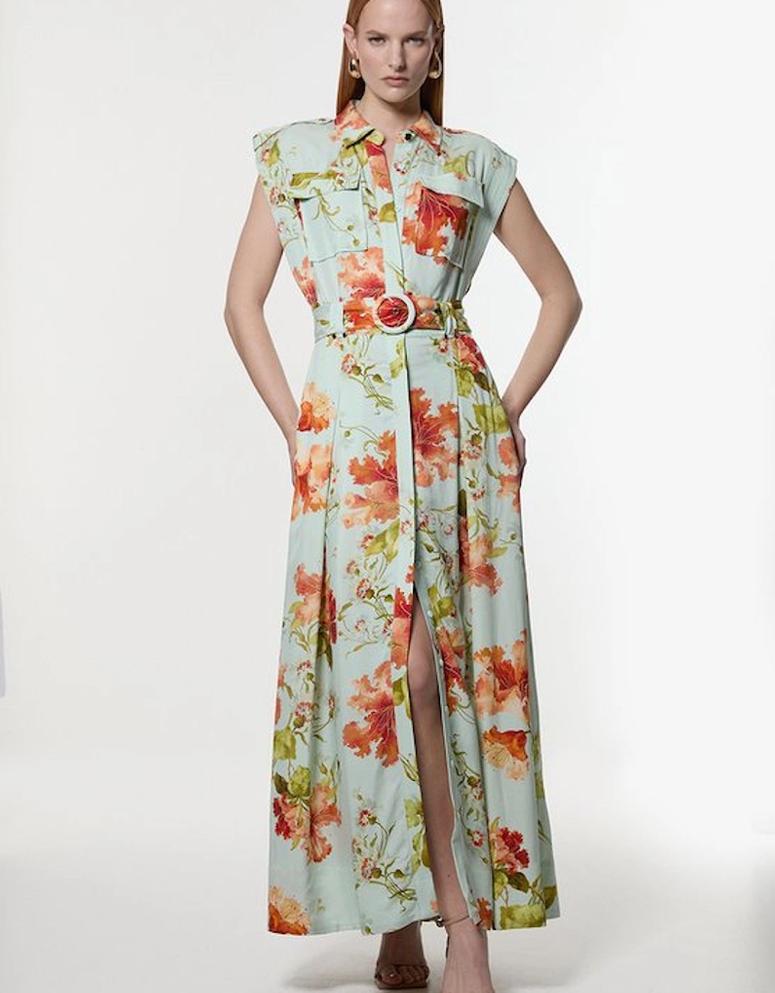 Premium Viscose Linen Floral Belted Woven Midi Dress With Gold Hardware Detail
