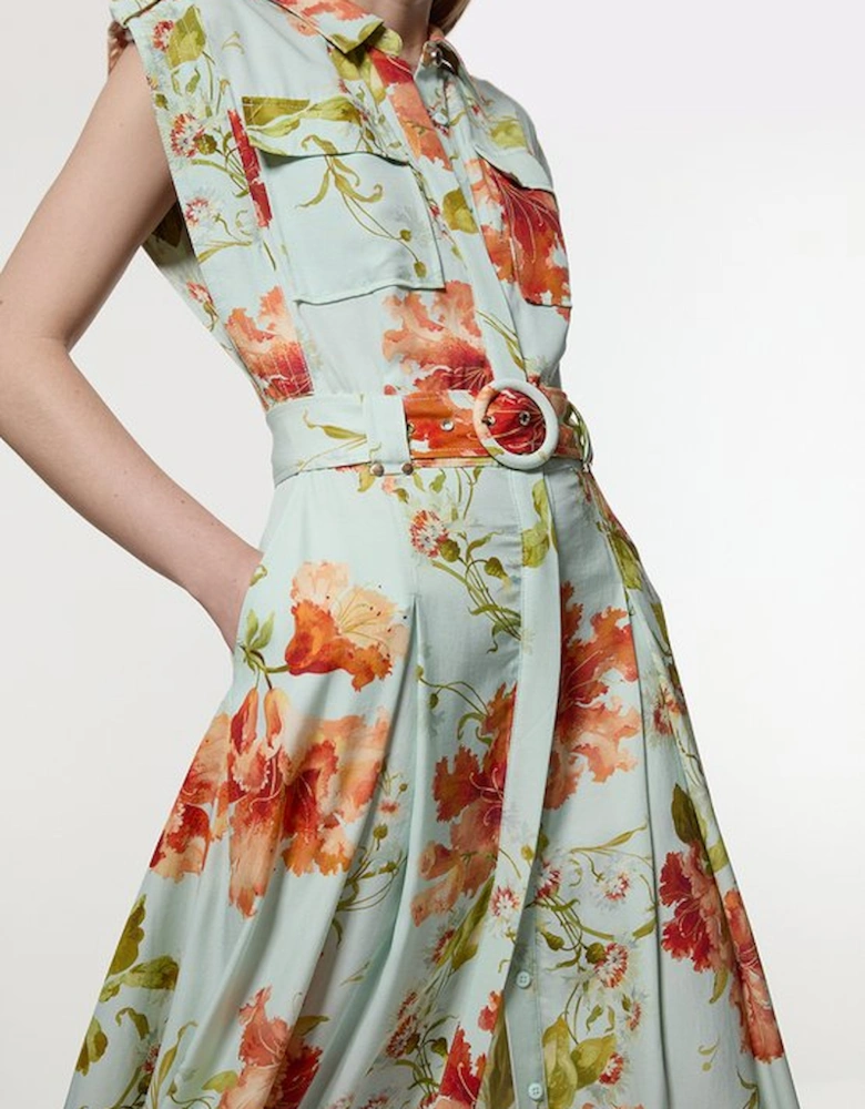 Premium Viscose Linen Floral Belted Woven Midi Dress With Gold Hardware Detail