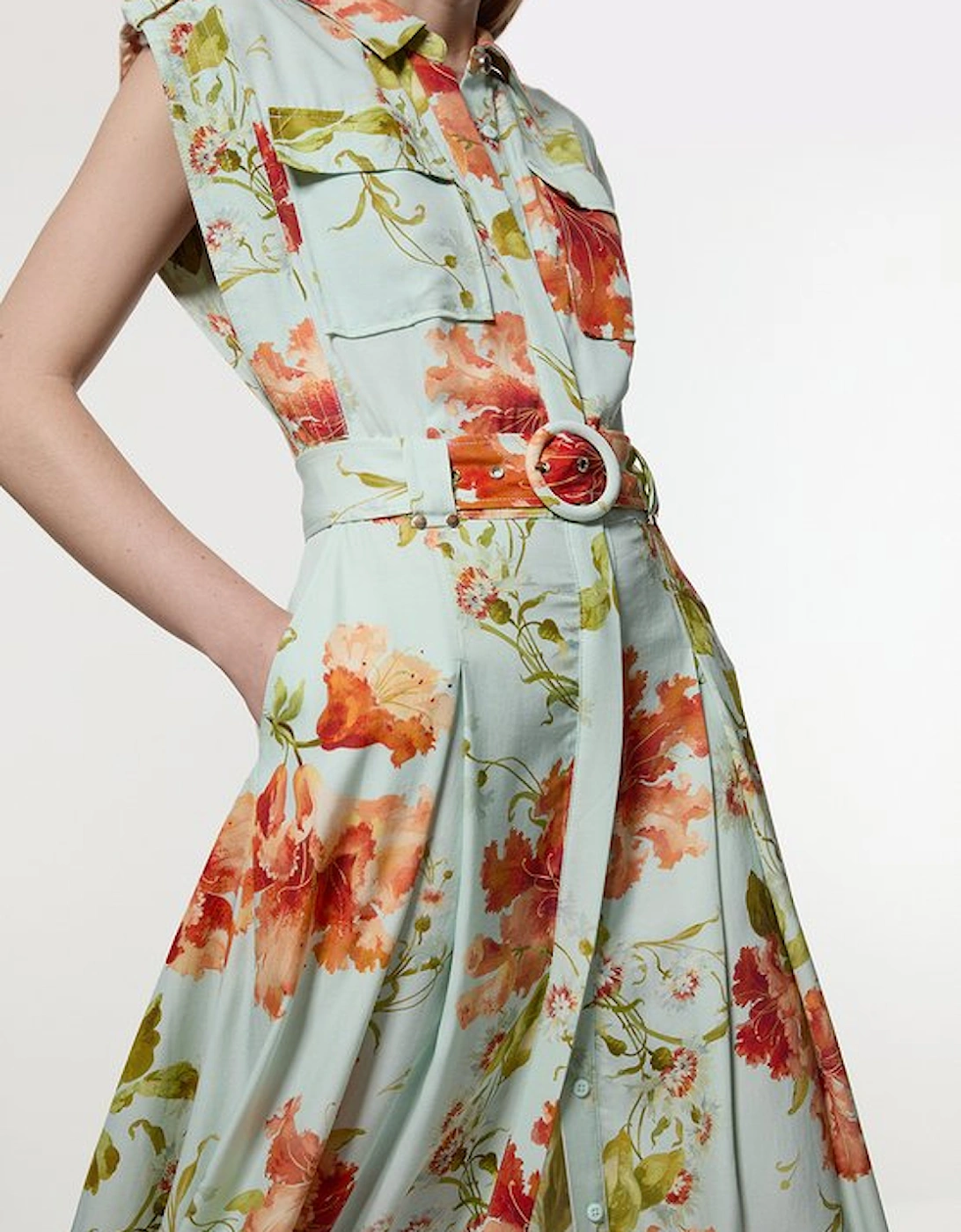 Premium Viscose Linen Floral Belted Woven Midi Dress With Gold Hardware Detail, 5 of 4