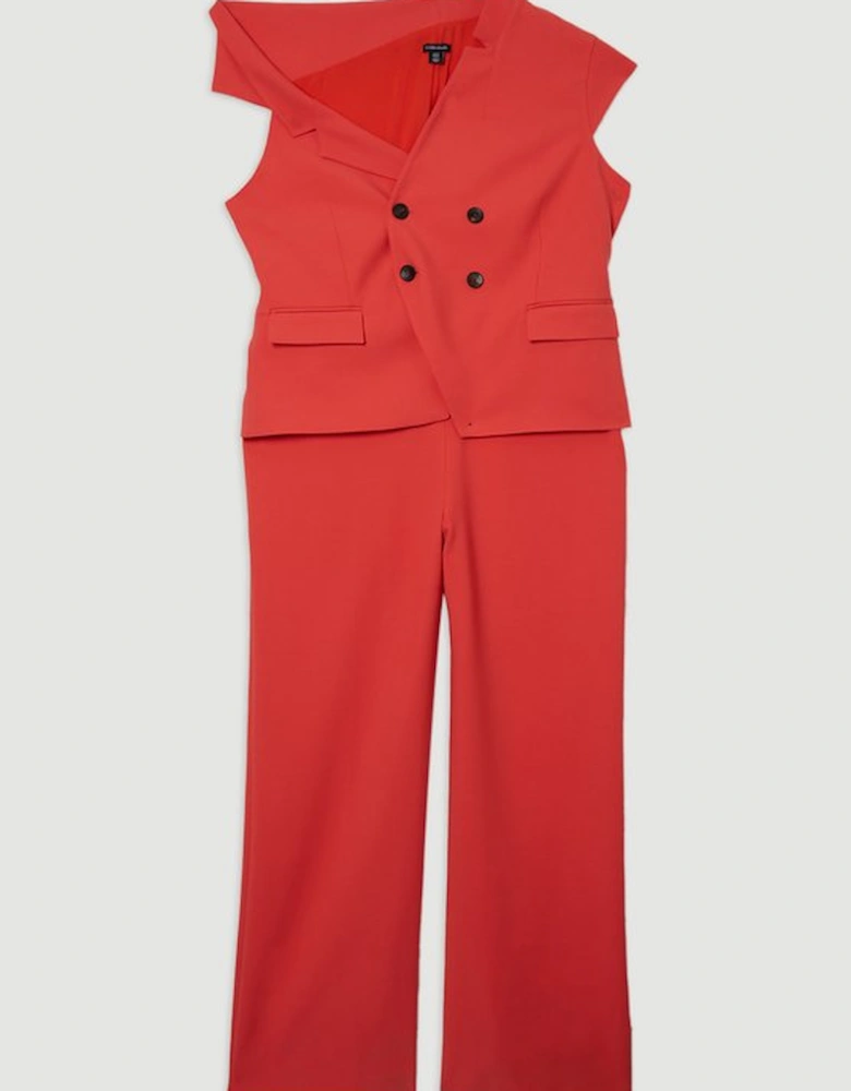 Plus Size Compact Stretch Asymmetric Collar Wide Leg Tailored Jumpsuit