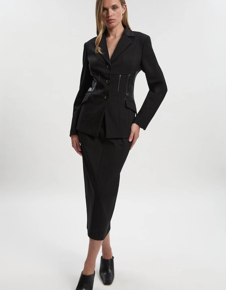 Ponte And Pu Mix Waist Seam Detail Tailored Single Breasted Blazer