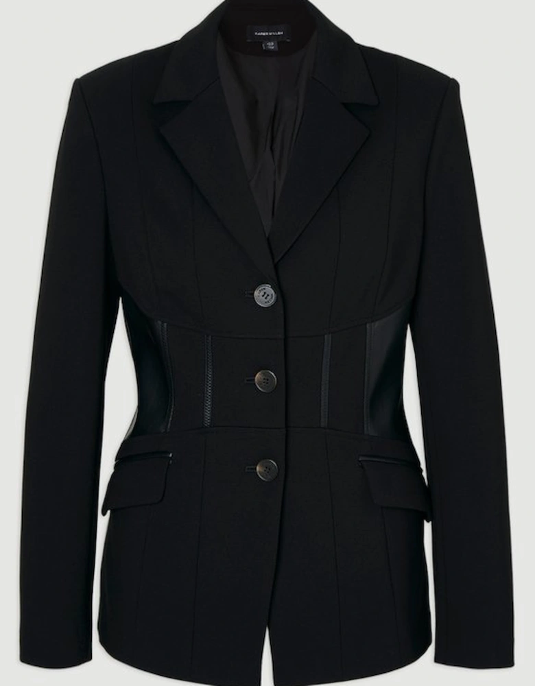 Ponte And Pu Mix Waist Seam Detail Tailored Single Breasted Blazer