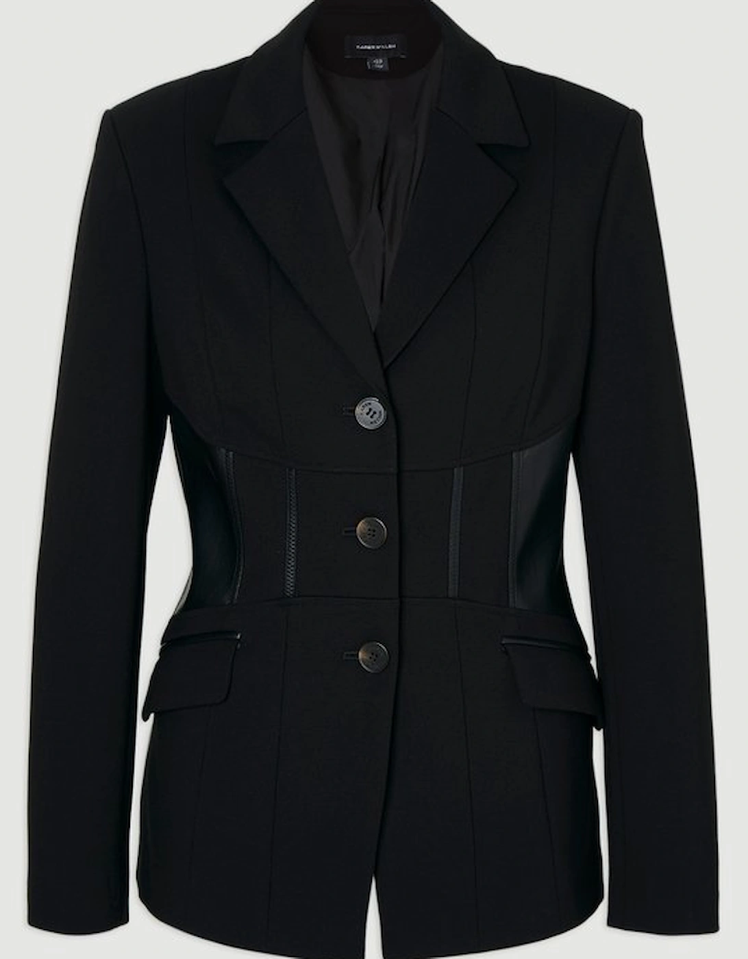 Ponte And Pu Mix Waist Seam Detail Tailored Single Breasted Blazer