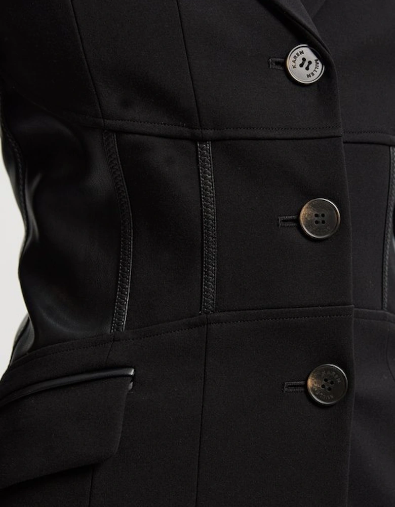 Ponte And Pu Mix Waist Seam Detail Tailored Single Breasted Blazer