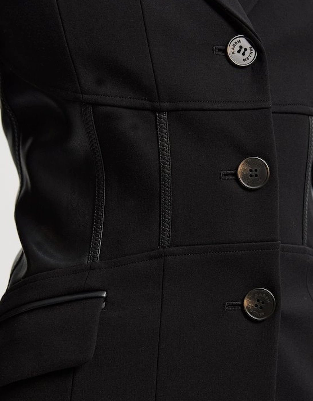 Ponte And Pu Mix Waist Seam Detail Tailored Single Breasted Blazer