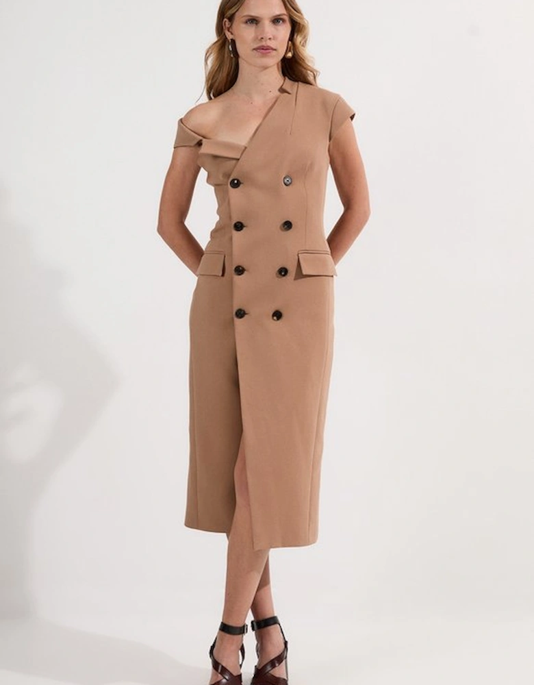 Compact Stretch Asymmetric Collar Tailored Pencil Maxi Dress