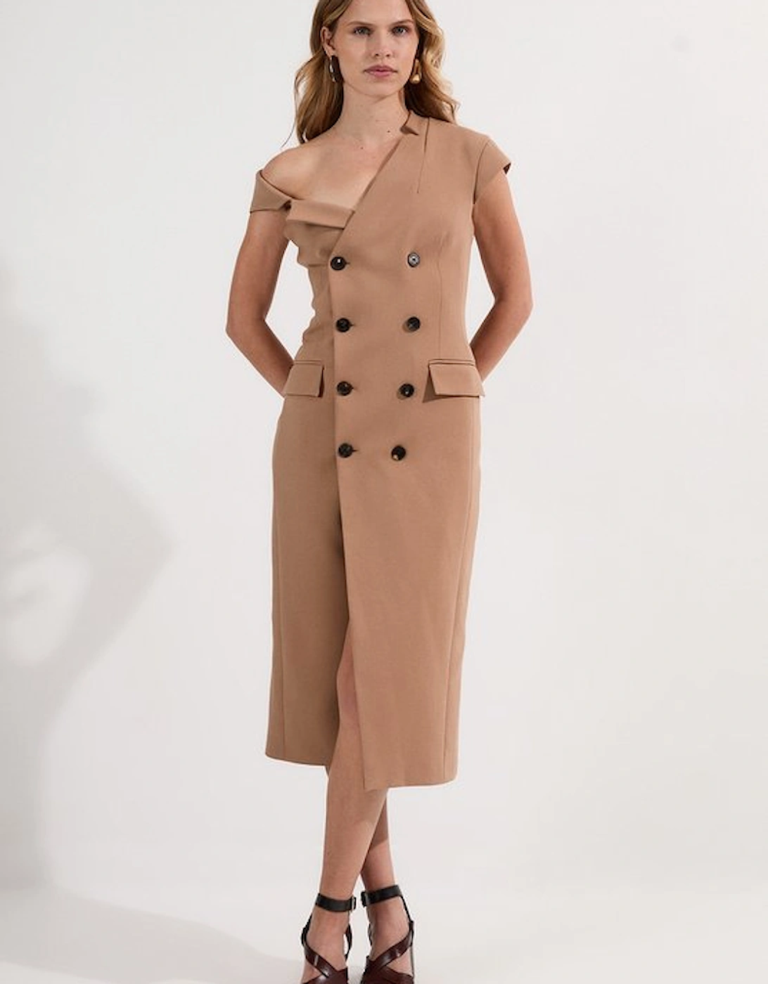 Compact Stretch Asymmetric Collar Tailored Pencil Maxi Dress
