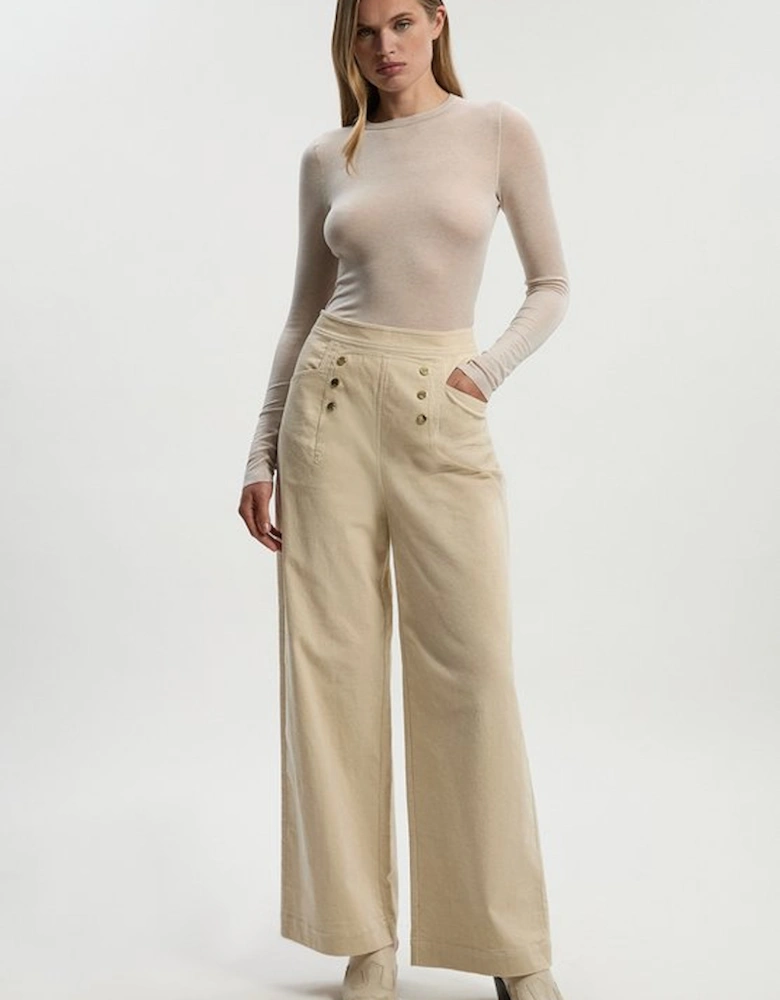 Stretch Cord Button Front Wide Leg Trouser