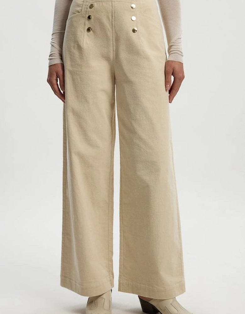 Stretch Cord Button Front Wide Leg Trouser