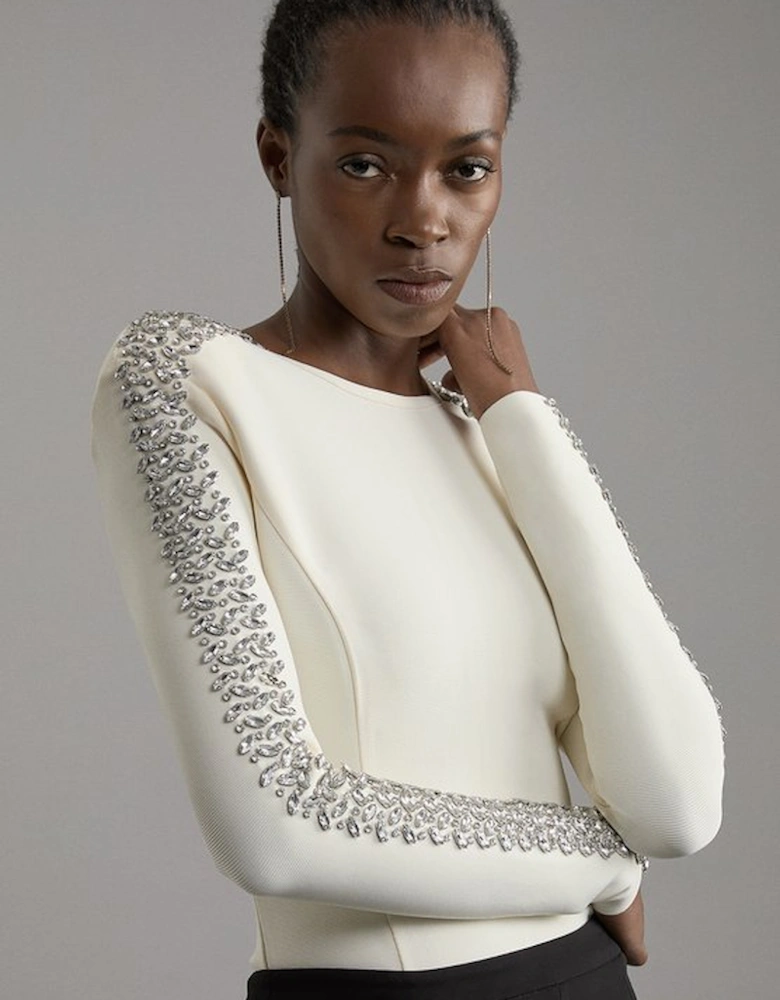 Petite Figure Form Bandage Knit Embellished Top