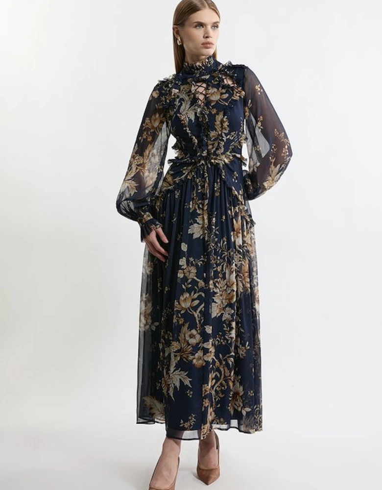 Lydia Millen Floral Ruffle Chiffon Maxi Dress