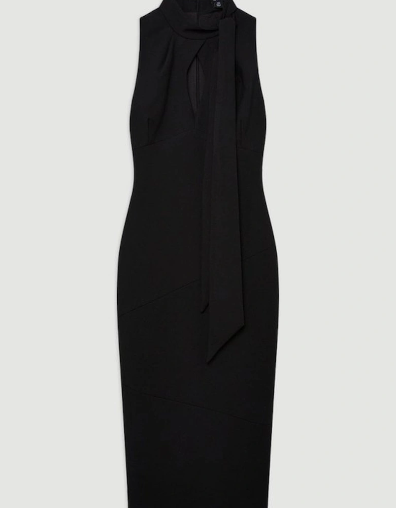 Compact Stretch Neck Tie Panelled Midi Dress