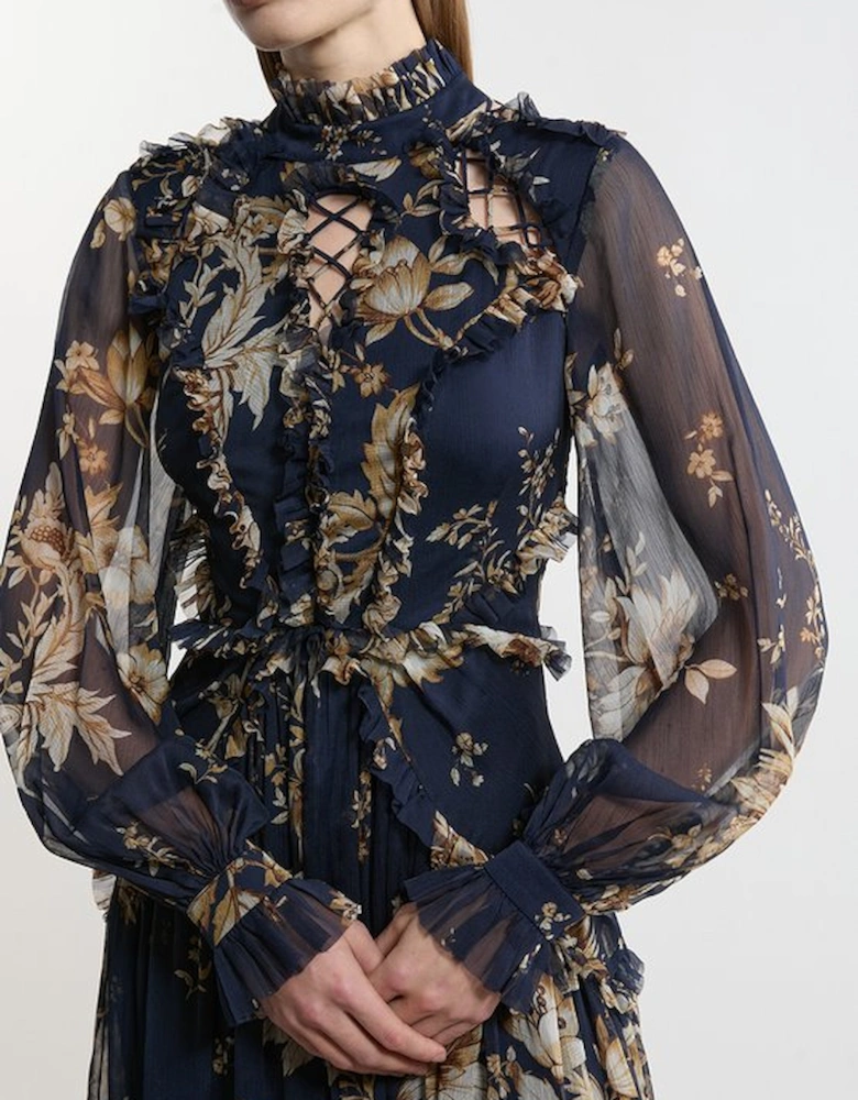Lydia Millen Floral Ruffle Chiffon Maxi Dress