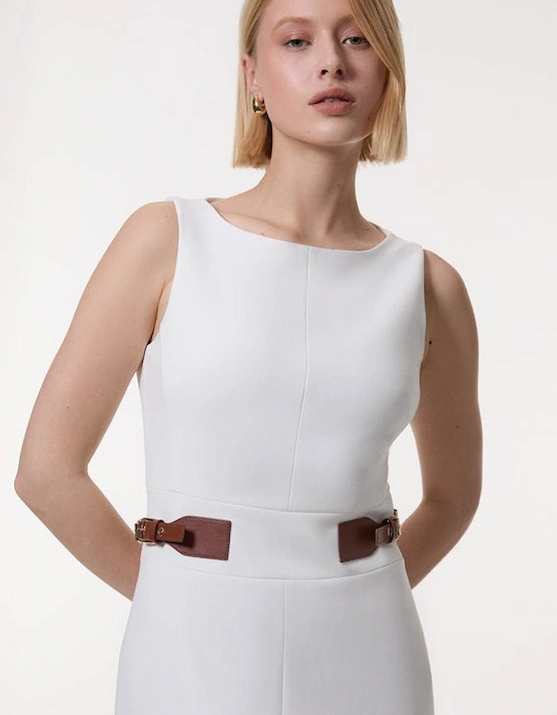 Compact Stretch Tailored Pu Tab Detail Midi Dress