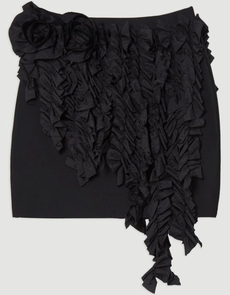 Figure Form Bandage Knit Woven Rosette Detail Mini Skirt