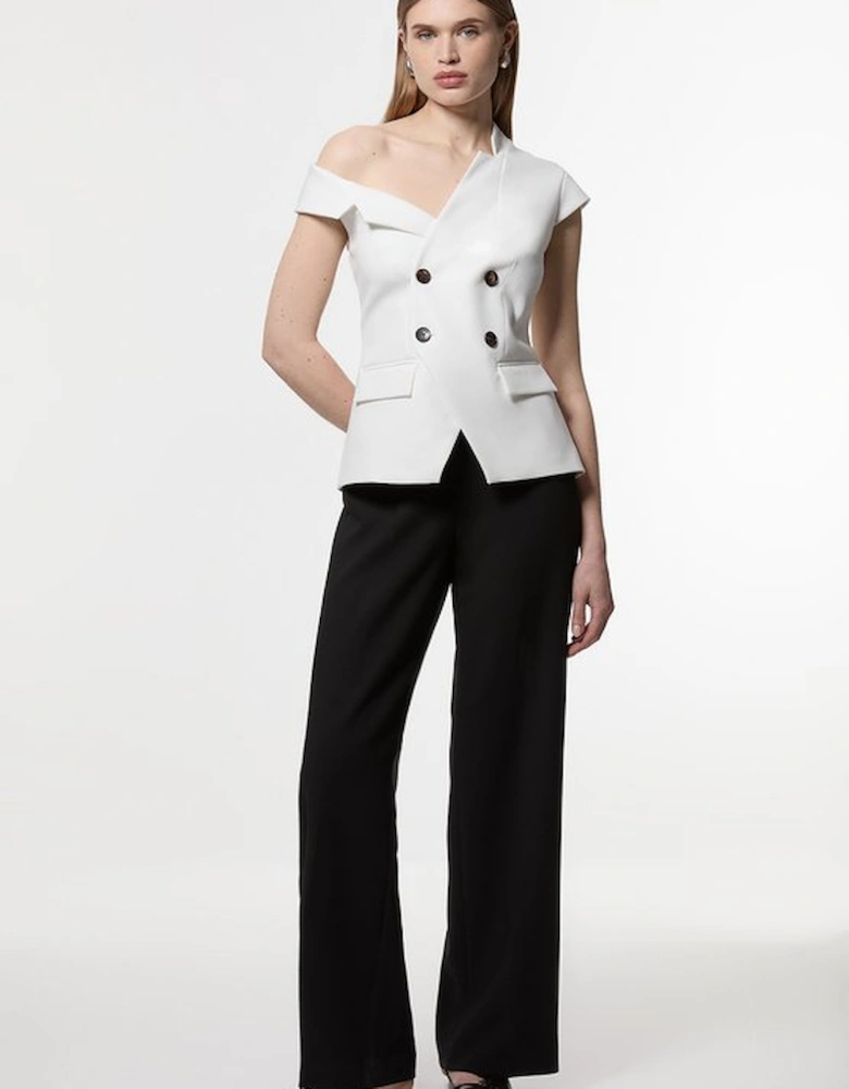 Compact Stretch Asymmetric Collar Wide Leg Tailored Jumpsuit