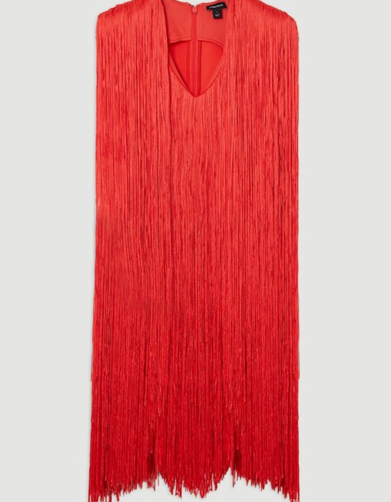 Figure Form Bandage Knit V Neck Fringe Mini Dress