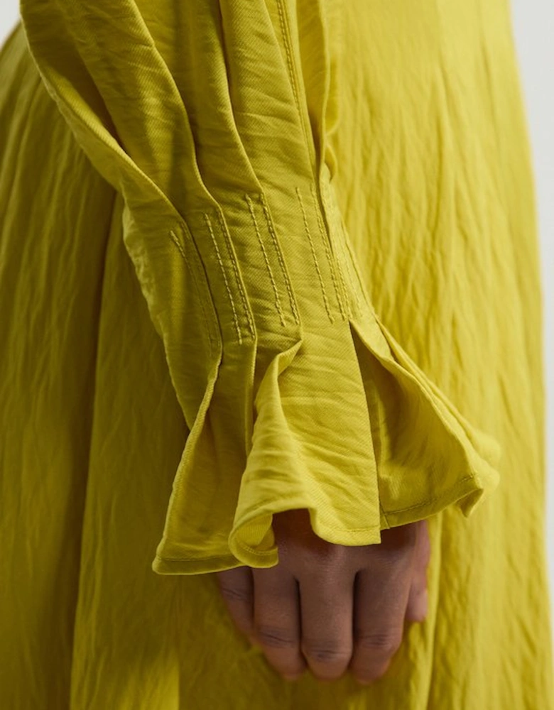 Pleated Neck Tie Detail Woven Maxi Dress