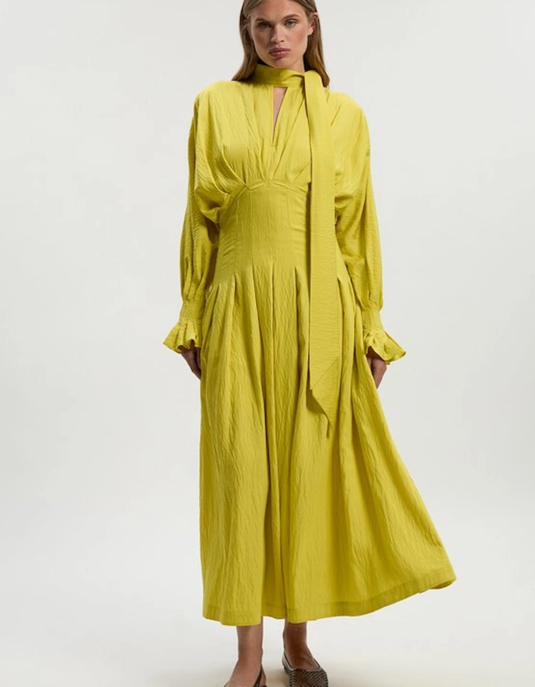 Pleated Neck Tie Detail Woven Maxi Dress