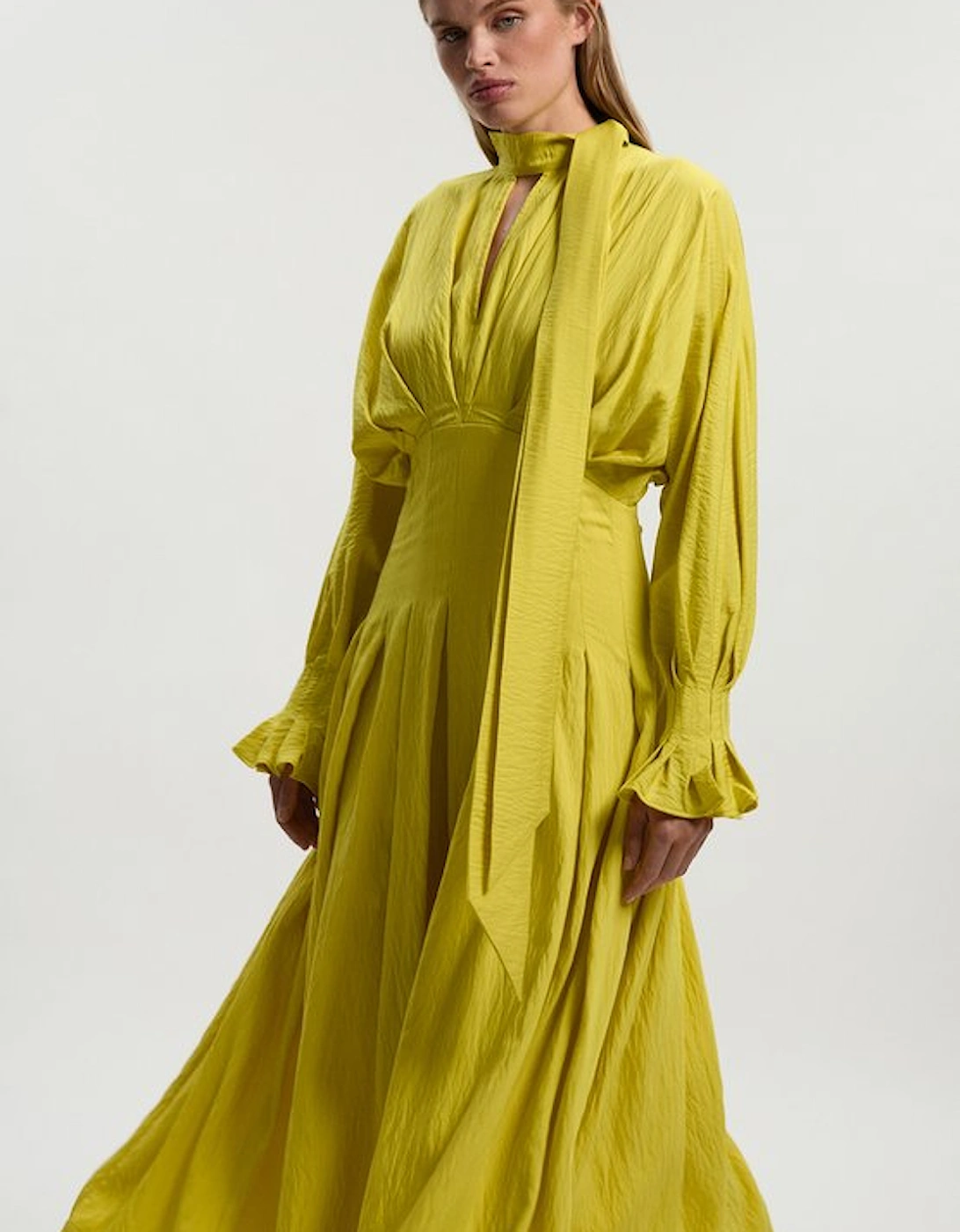 Pleated Neck Tie Detail Woven Maxi Dress, 5 of 4