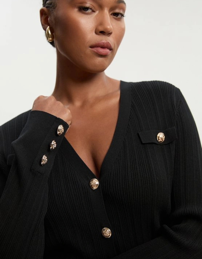 Plus Size Viscose Blend Dry Handle Rib Military Trim Cardigan