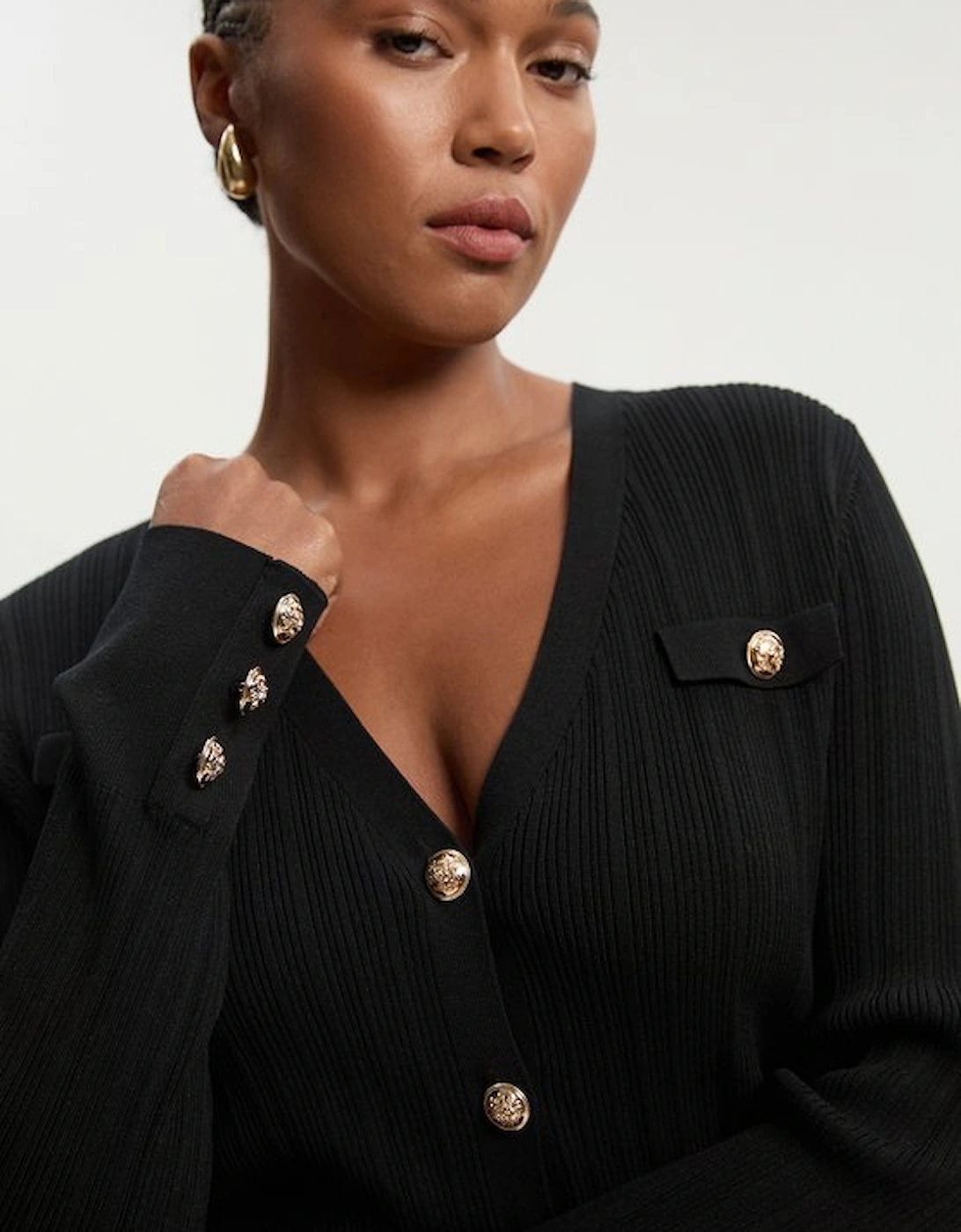 Plus Size Viscose Blend Dry Handle Rib Military Trim Cardigan