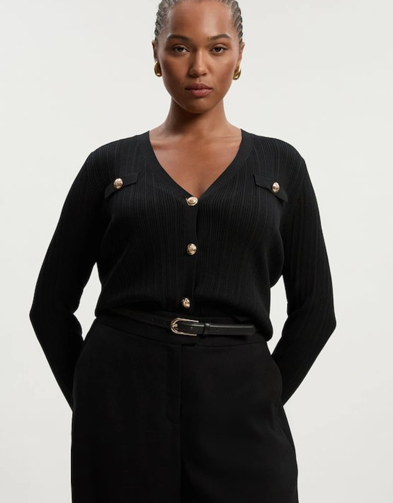 Plus Size Viscose Blend Dry Handle Rib Military Trim Cardigan