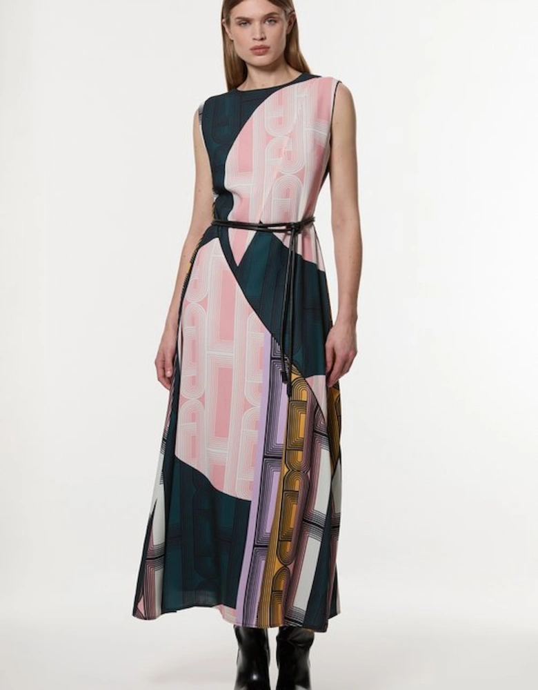 Amelia Graham Soft Tailored Print Placement Full Midaxi Dress