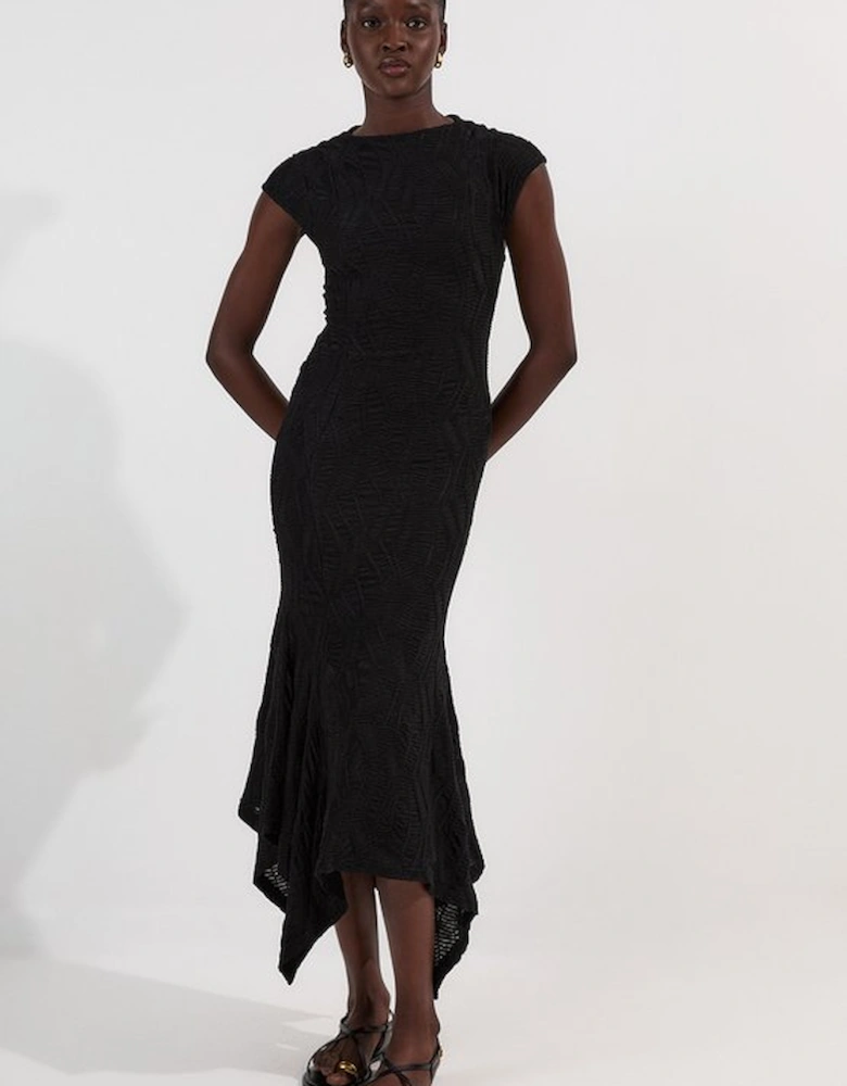Textured Hanky Hem Short Sleeve Trim Detail Jersey Maxi Dress