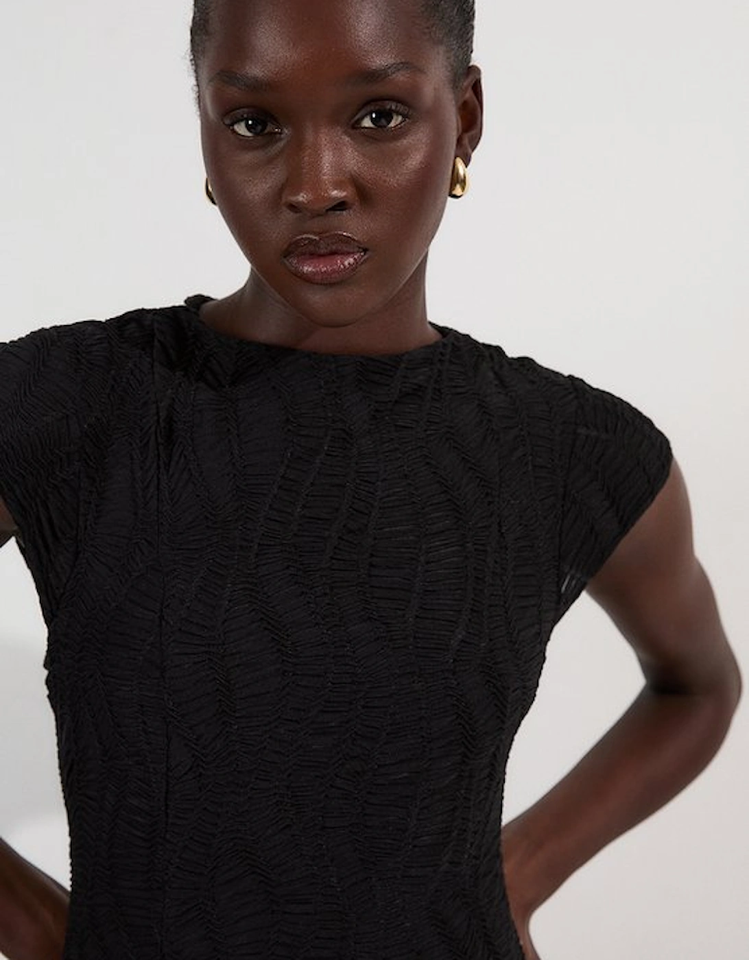 Textured Hanky Hem Short Sleeve Trim Detail Jersey Maxi Dress