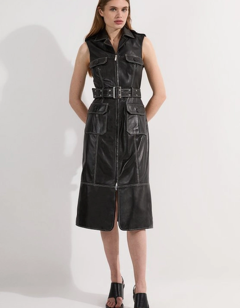 Leather Contrast Stitch Belted Sleeveless Midi Dress