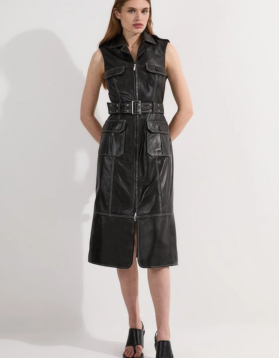 Leather Contrast Stitch Belted Sleeveless Midi Dress, 5 of 4