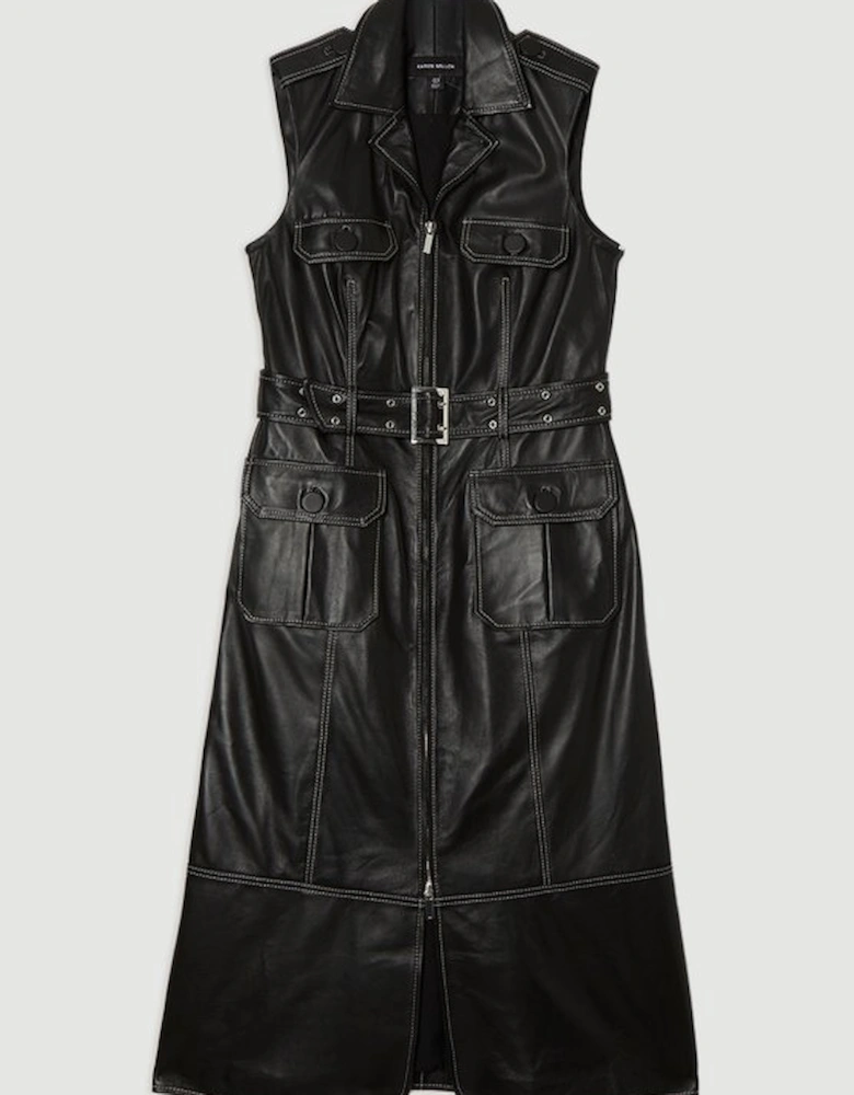 Leather Contrast Stitch Belted Sleeveless Midi Dress
