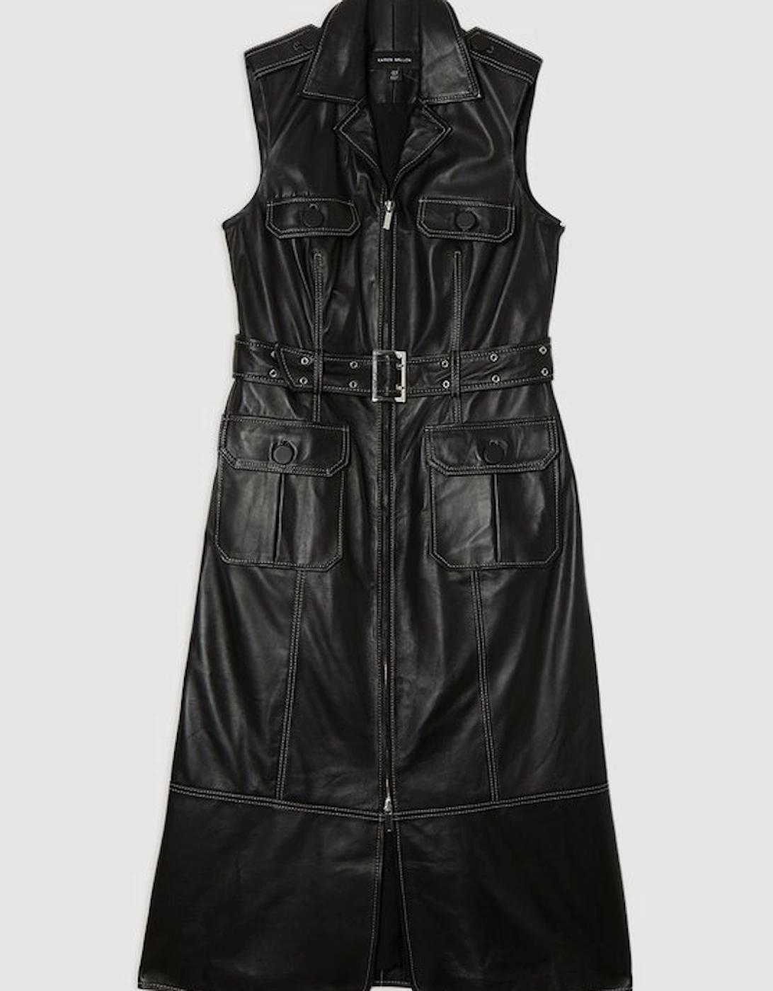 Leather Contrast Stitch Belted Sleeveless Midi Dress