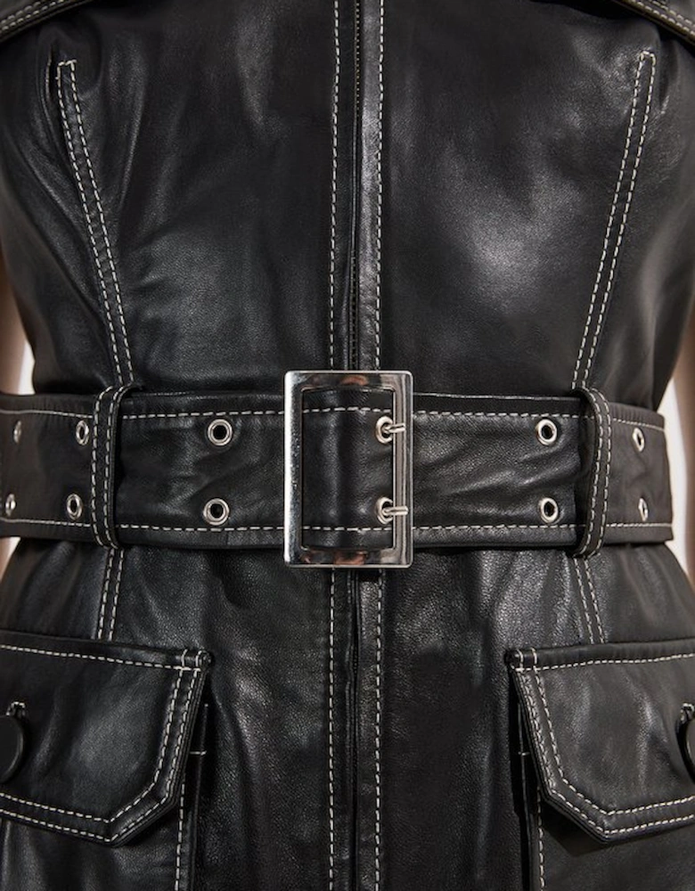Leather Contrast Stitch Belted Sleeveless Midi Dress