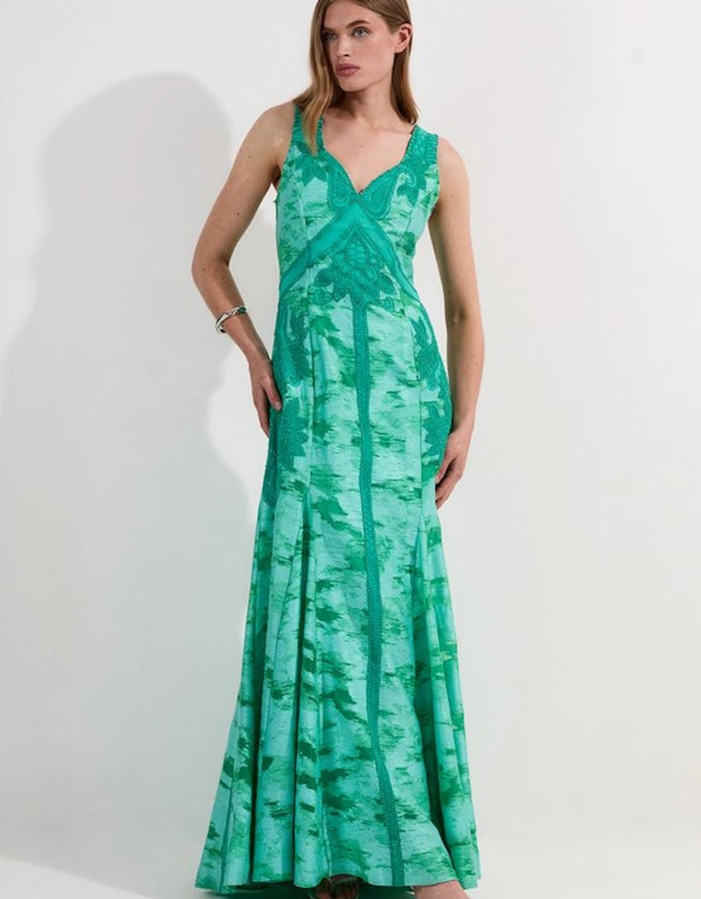 Petite Burnout Tropical Embellished Deep V Woven Maxi Dress