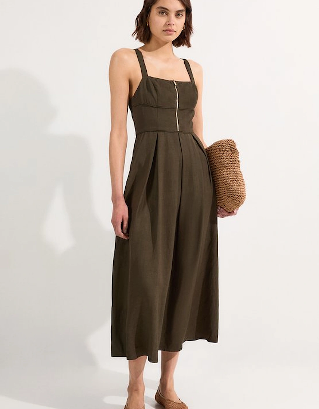 Petite Linen Twill Top Stitch Strappy Woven Zip Front Midi Dress, 4 of 3