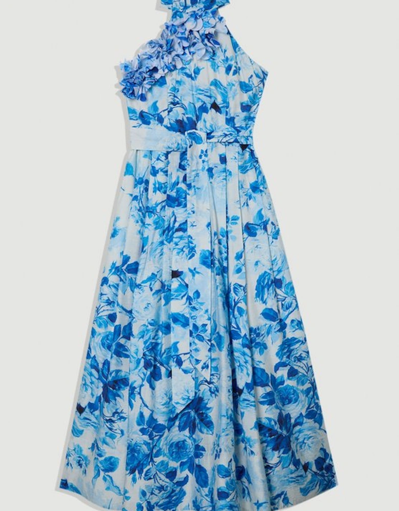 Floral Print & Applique Halter Neck Belted Woven Maxi Dress