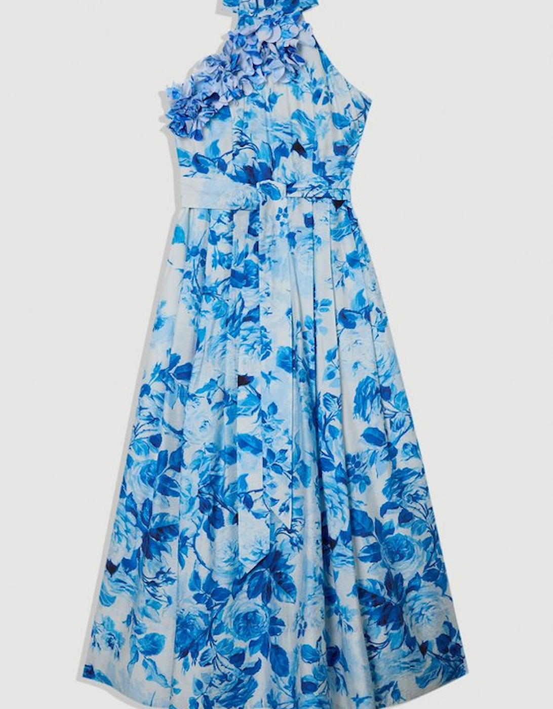 Floral Print & Applique Halter Neck Belted Woven Maxi Dress