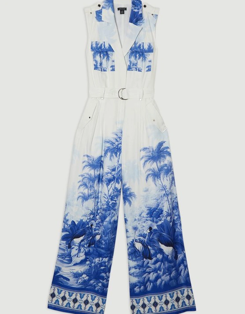 Viscose Linen Scenic Print With Top Stitch Belted Woven Jumpsuit