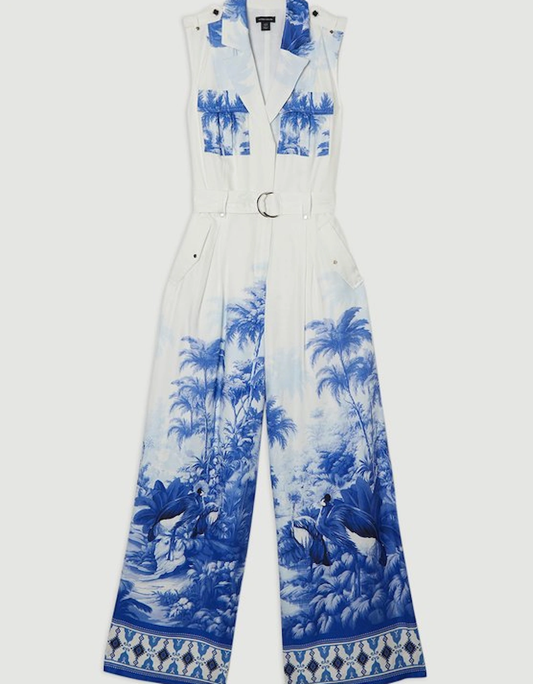 Viscose Linen Scenic Print With Top Stitch Belted Woven Jumpsuit