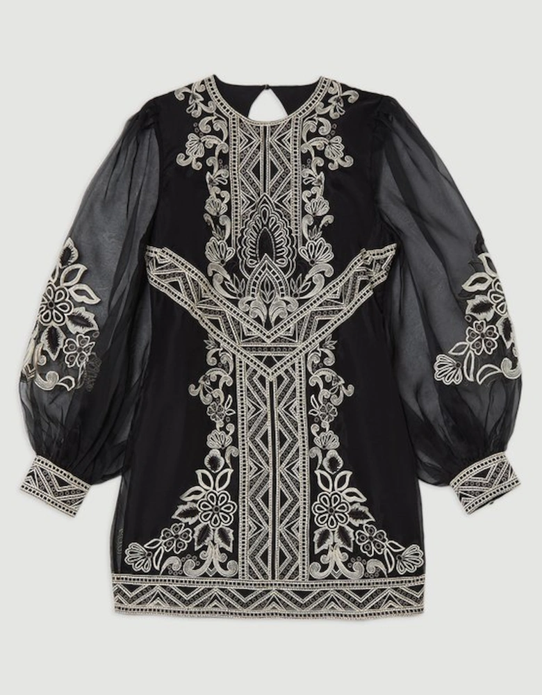 Embroidered Organdie Balloon Woven Mini Dress