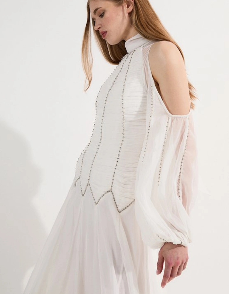 Tall High Neck Embellished Ruched Georgette Woven Maxi Dress