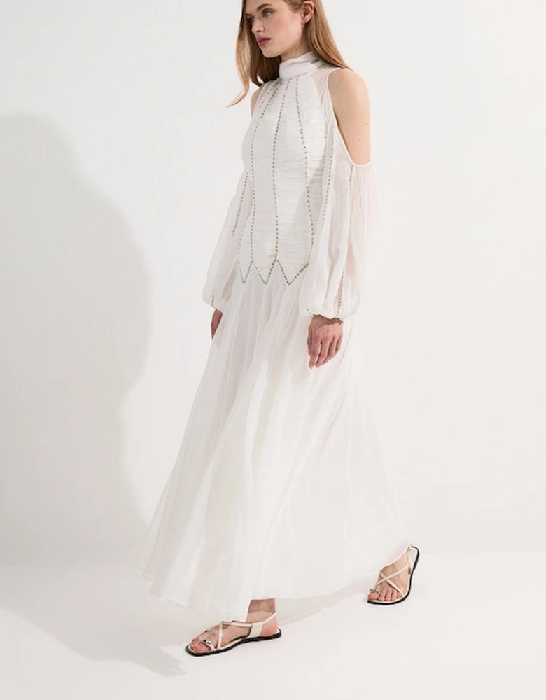 Tall High Neck Embellished Ruched Georgette Woven Maxi Dress