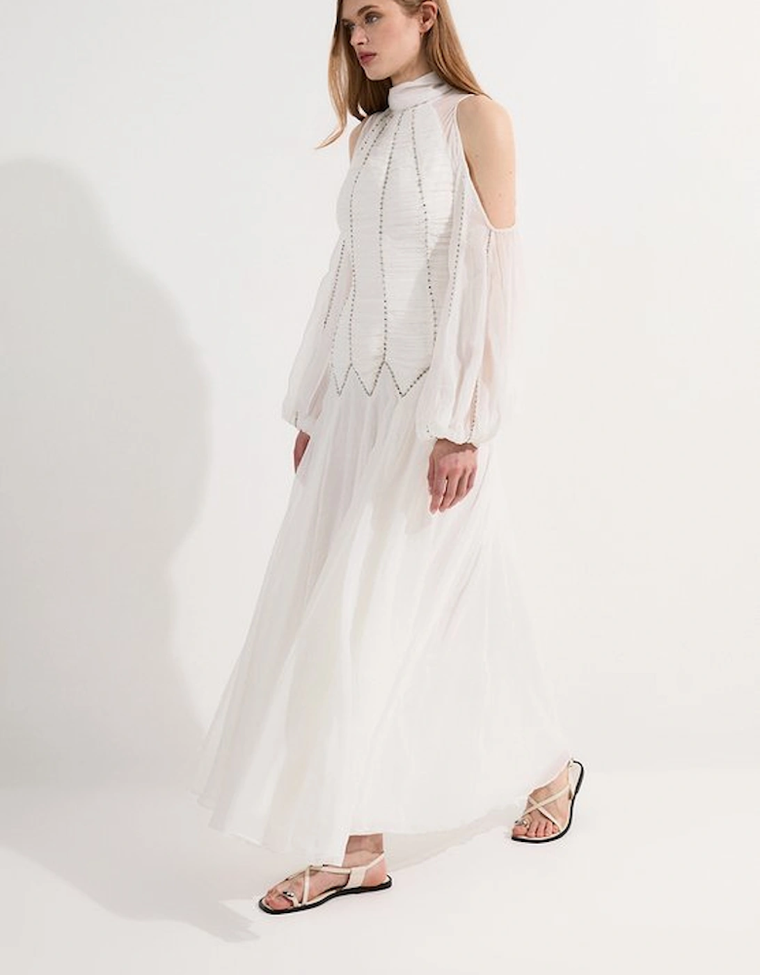 Tall High Neck Embellished Ruched Georgette Woven Maxi Dress, 4 of 3