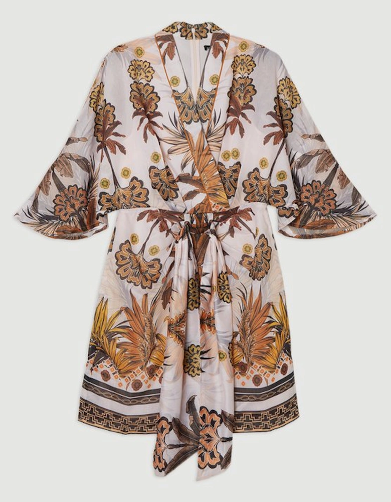 Abstract Print Cotton Kimono Sleeve Woven Mini Dress