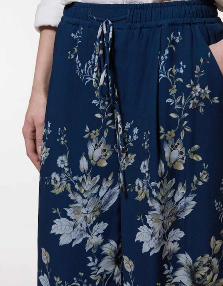 Floral Border Print Viscose Woven Wide Leg Trouser