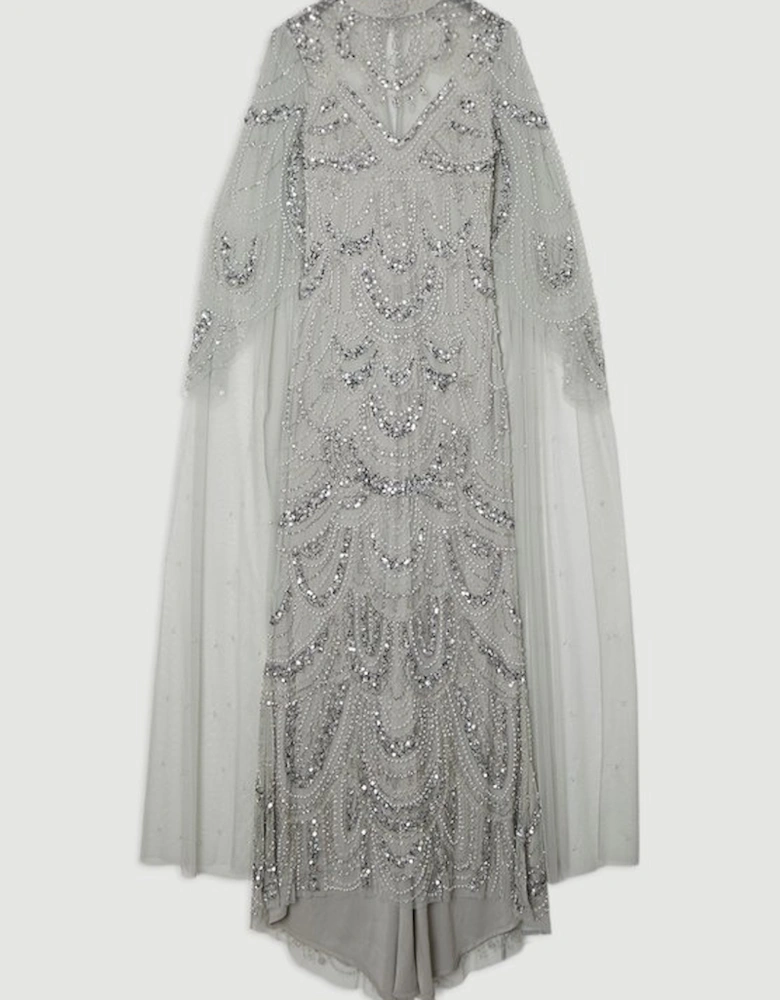 Premium Beaded Embellished Woven Midaxi Cape Dress