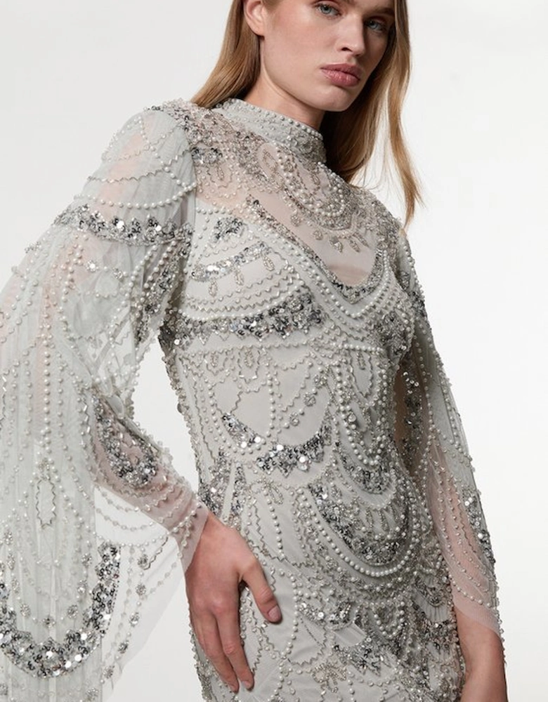 Premium Beaded Embellished Woven Midaxi Cape Dress