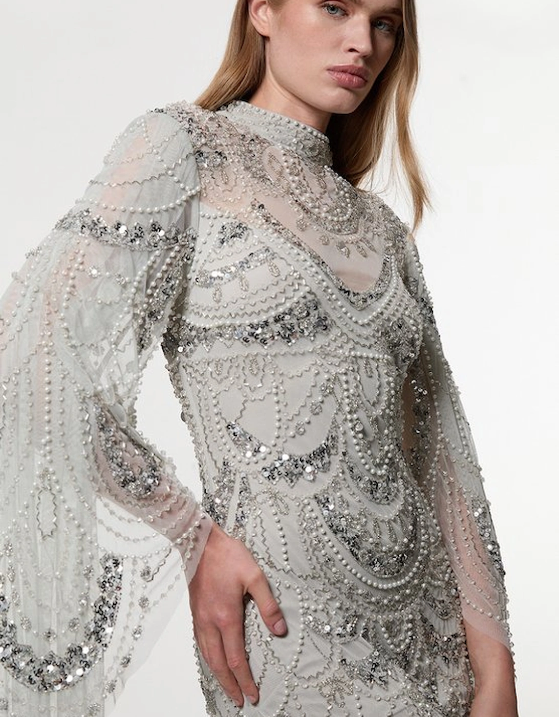 Premium Beaded Embellished Woven Midaxi Cape Dress